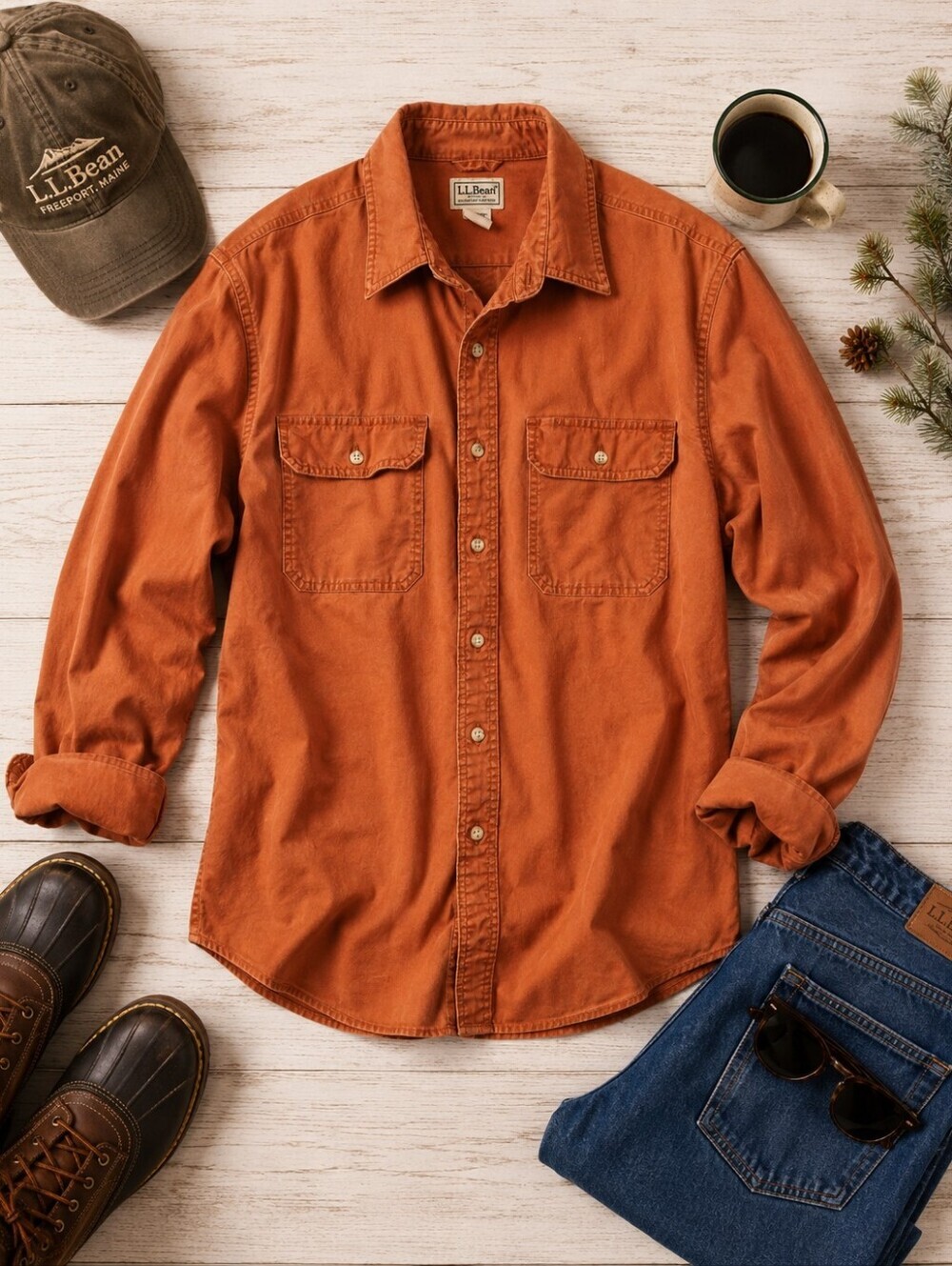 L.L. Bean Vtg Burnt Orange L-Sleeve Button Cotton Canvas Shirt. Mens XxL